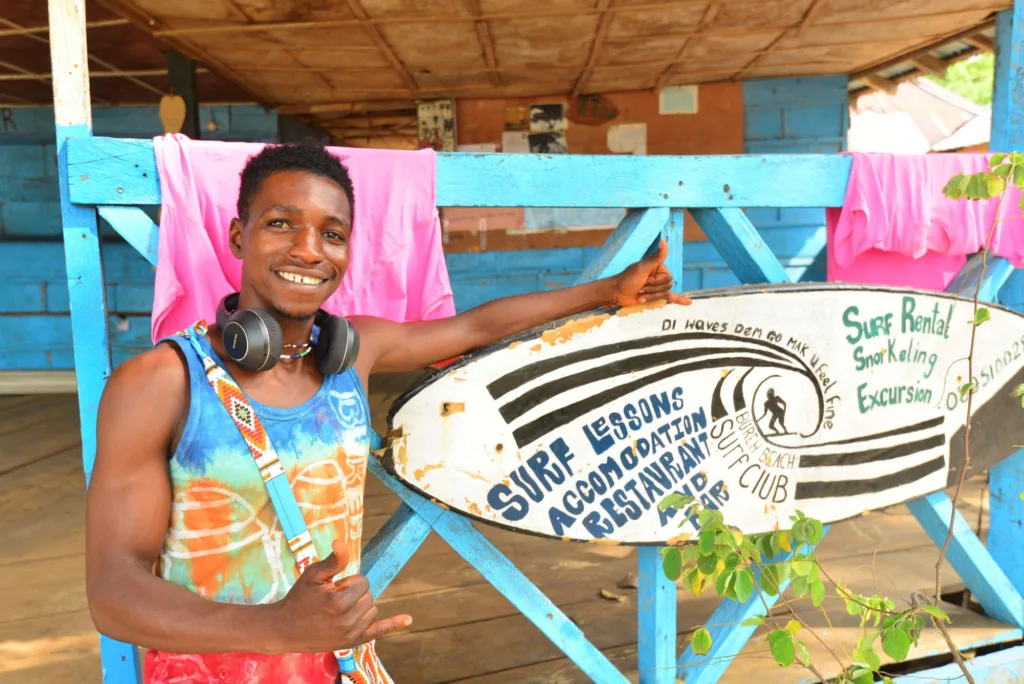 Surfing at Bureh beach in Sierra Leone